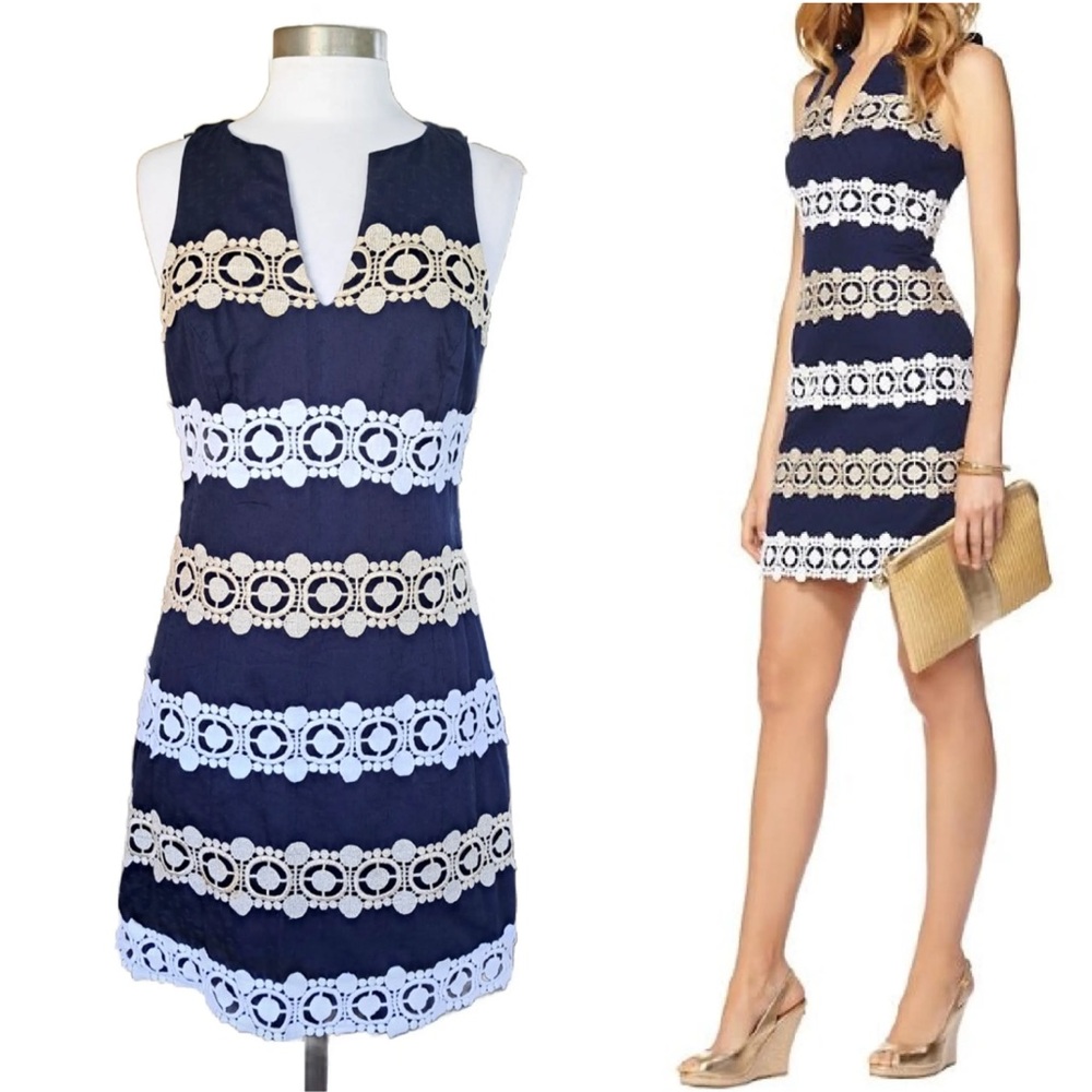 Lilly Pulitzer Augusta Shift Blue with Lace Trim Cocktail Dress W1826 Sz 0